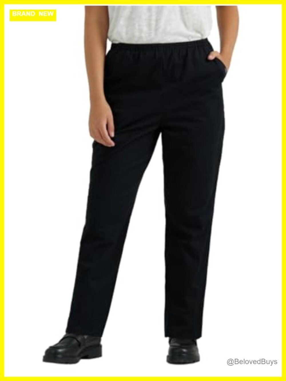 Cotton Pull-On Pants High Rise Elastic Waist Straight Fit Pleated Front
